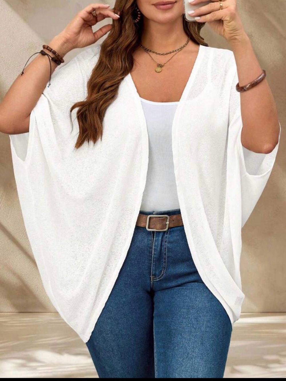 Women's Open-Front White Lightweight Cardigan Sweater - Picture 3 of 8